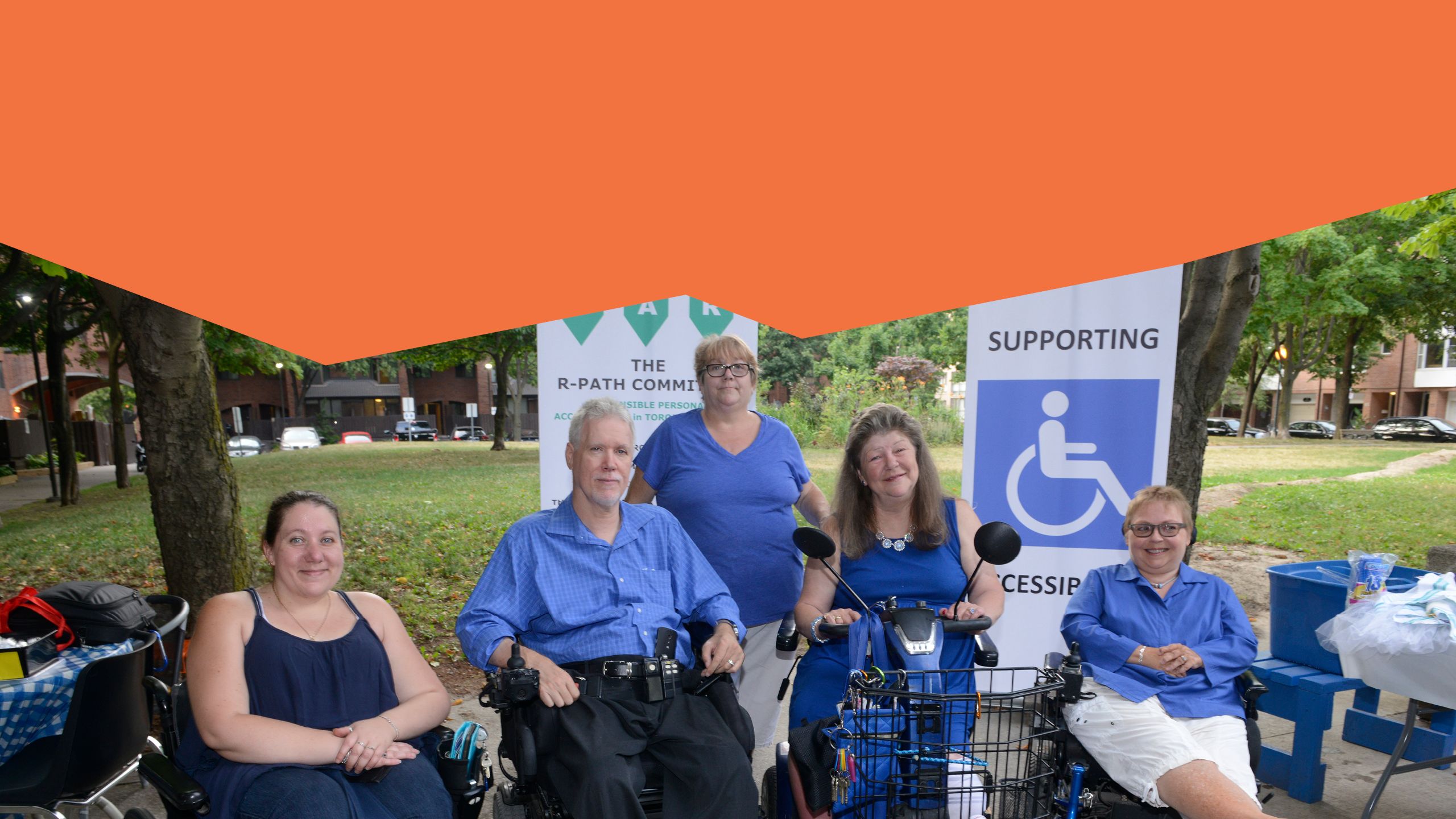 R-PATH Committee members wearing blue, outside in a park. Members from left to right: Amanda O'Shaughnessy, Joe Knapper, Jane Donohue, Chairperson Cathy Birch, Lene Andersen.