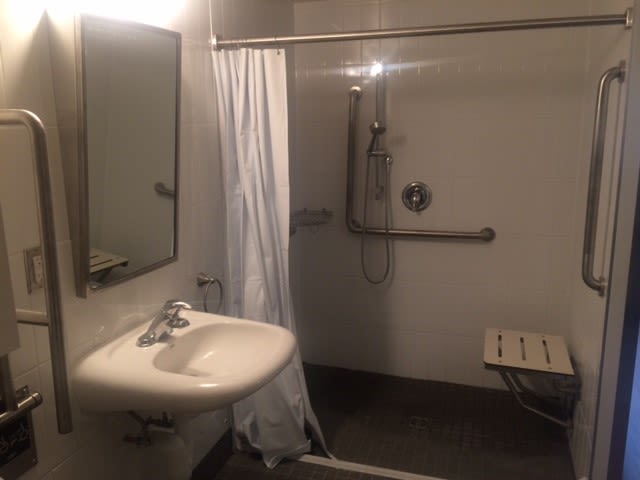 An accessible bathroom with tilted mirror, grab bars and shower bench.