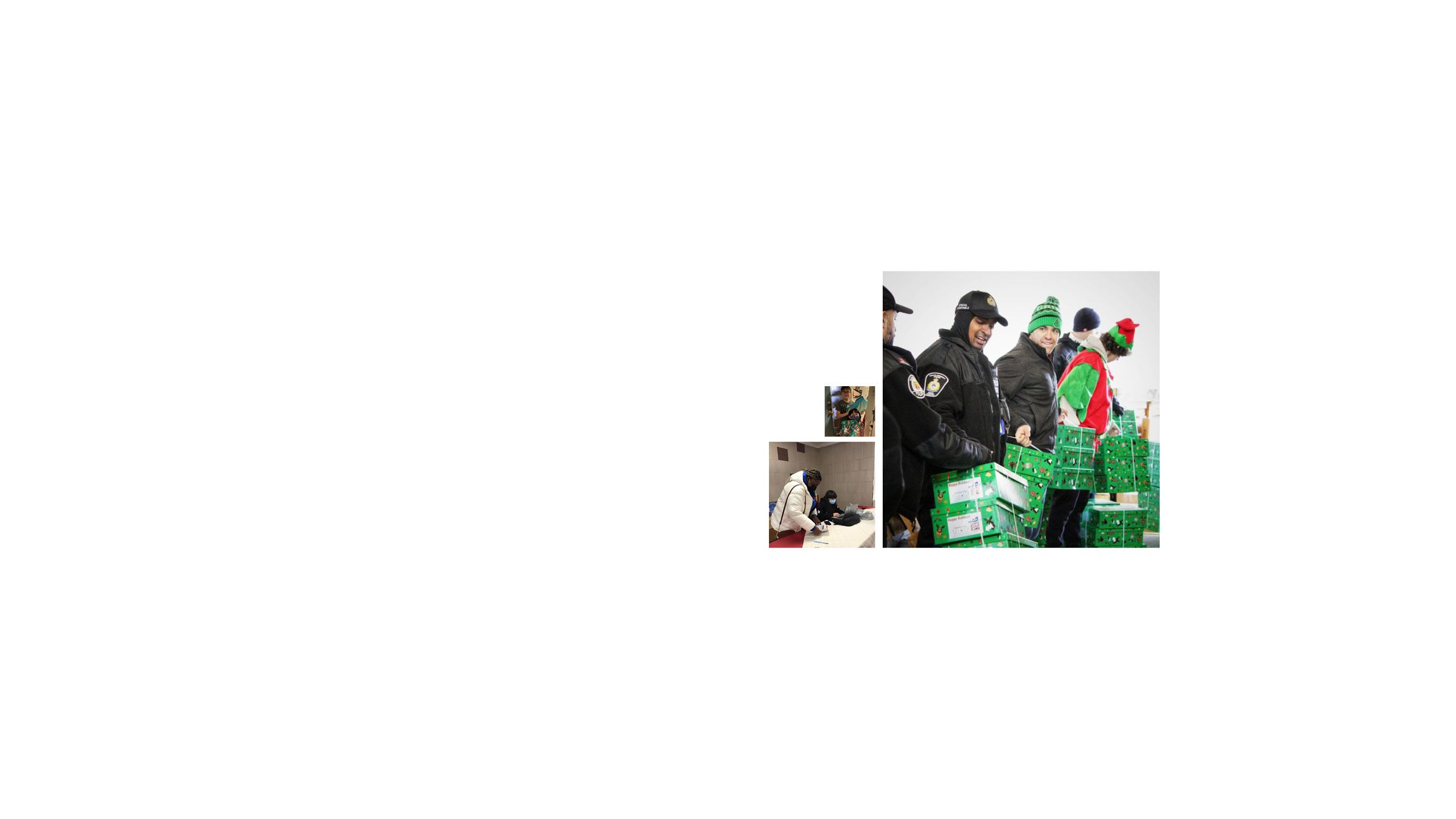 Photos of people receiving and preparing holiday gifts