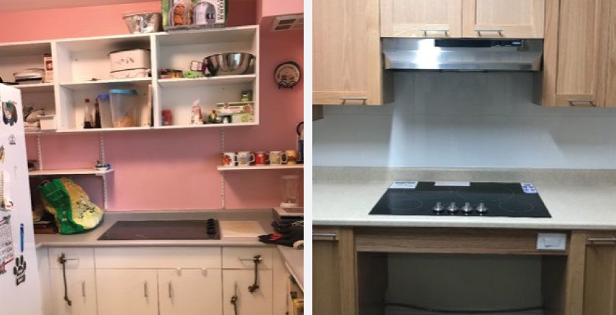 Photo on the left shows regular kitchen. Photo on the right shows kitchen with roll-under stovetop.