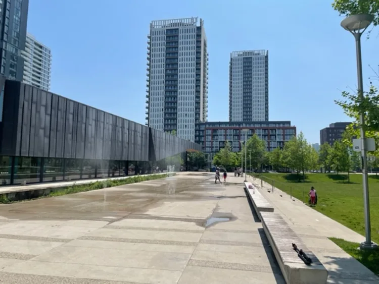 Building and splashpad.