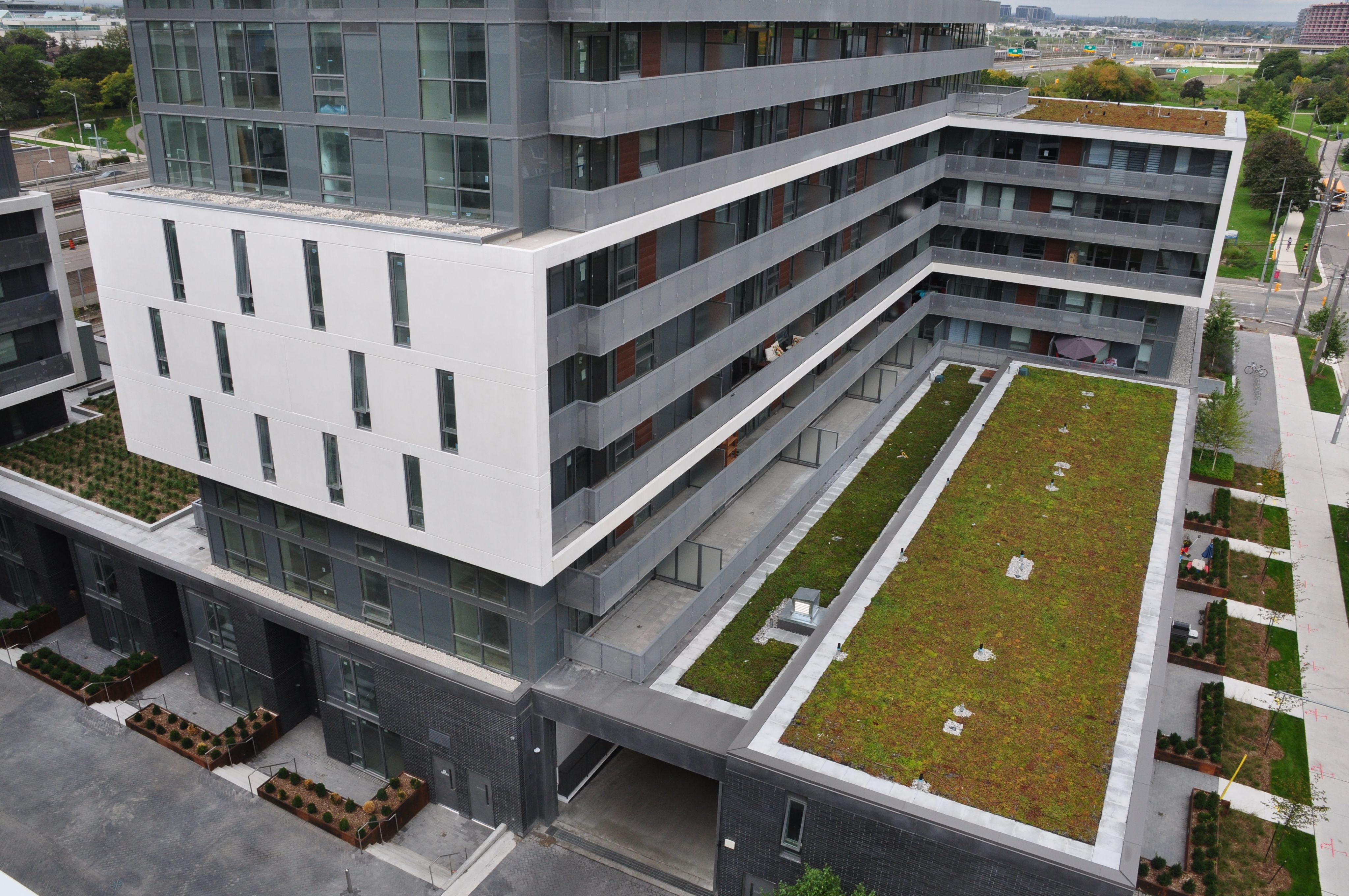 Rooftop greenery of modern apartment building at Lawrence Heights.