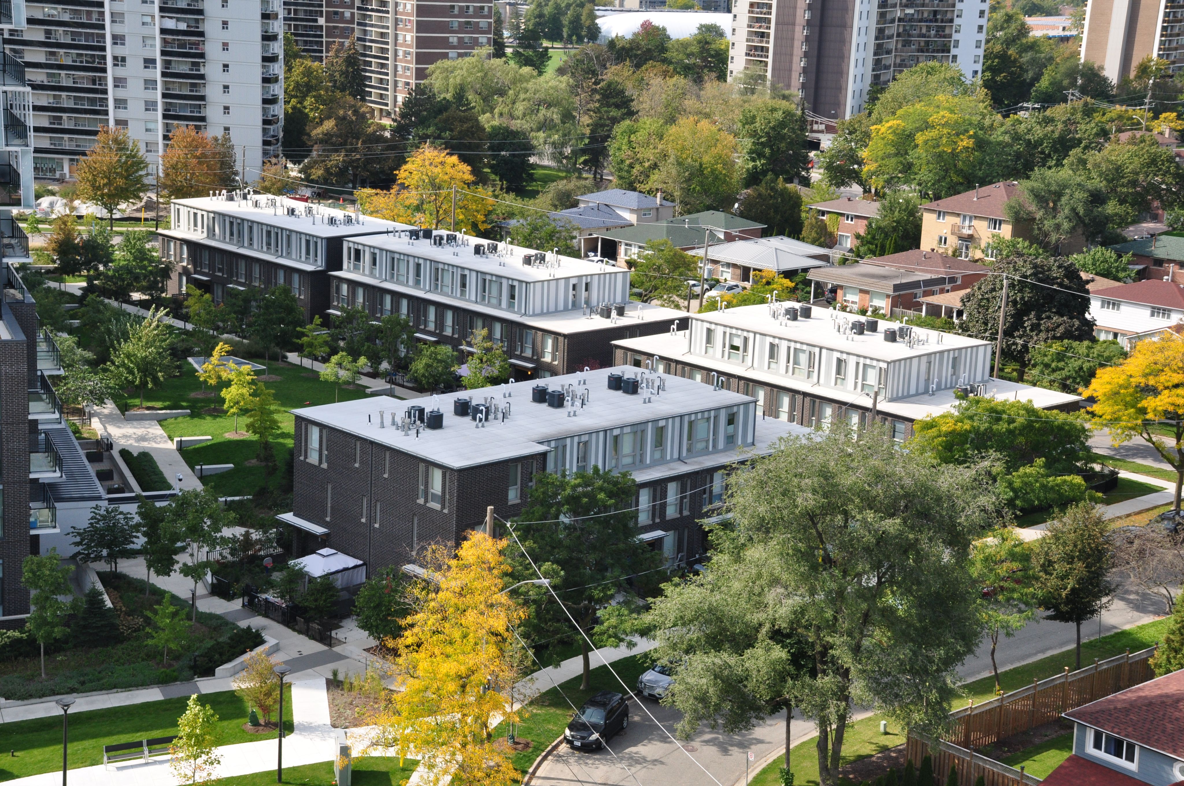 Aerial view of TCHC buildings at Allenbury Gardens. 