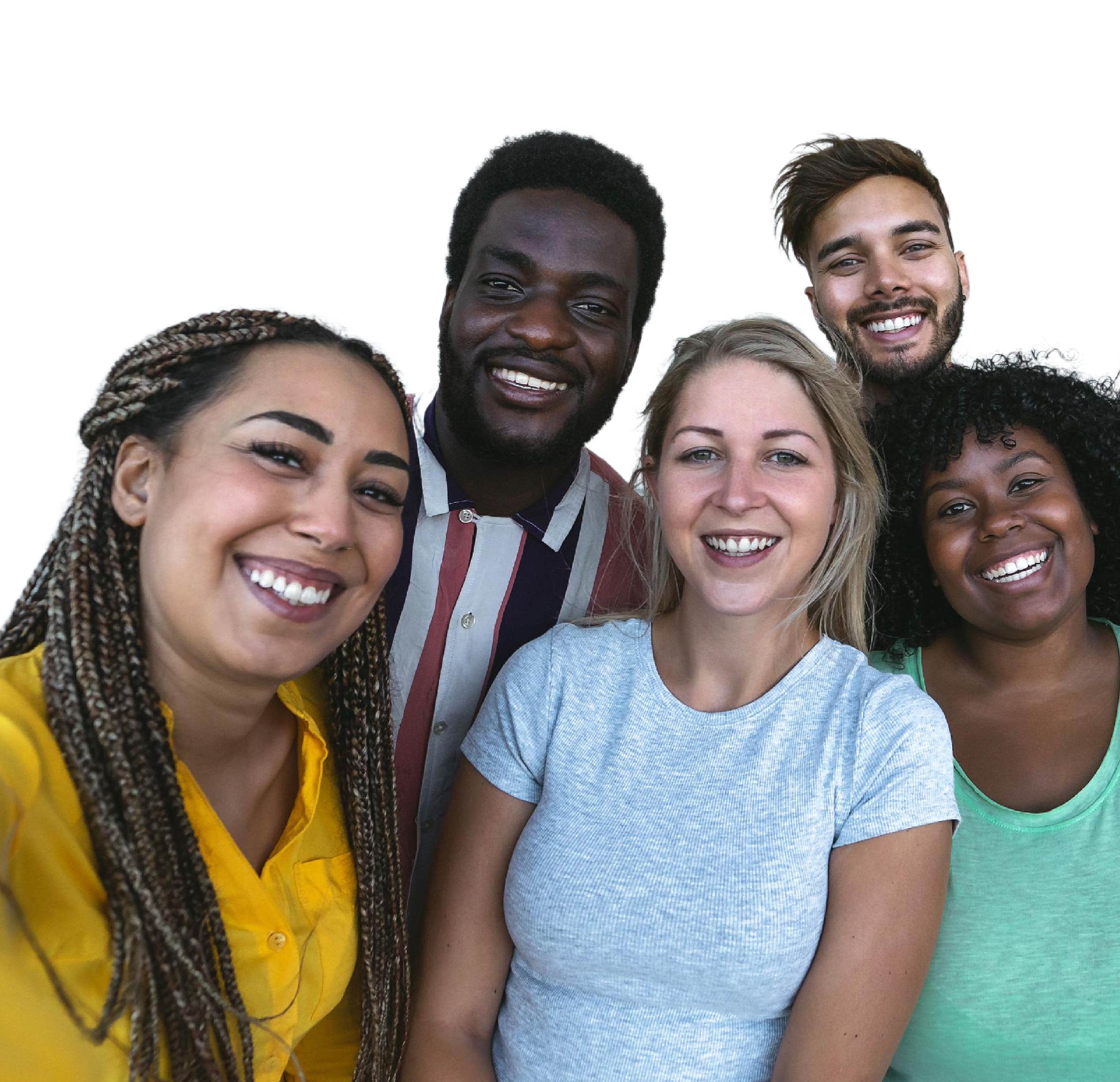 group photo of two men and three women smiling